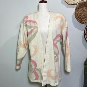 80’s Lambswool Angora Blend Granny Cardigan Sweater Cream Pink Peach Large